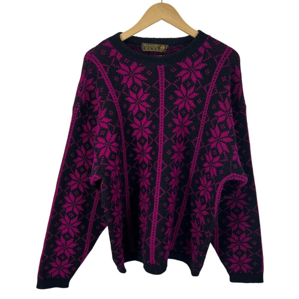 Nordstrikk Norway Sweater Women Large Virgin Wool Black Fuchsia Floral Pullover - Picture 3 of 14